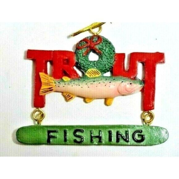 Trout Fishing Sign Wreath Ornament Christmas Holiday Stoneware Green Red Gift - Picture 1 of 2